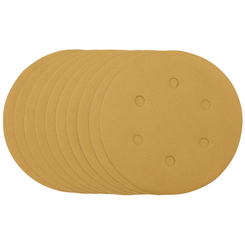 DR-64265 — Gold Sanding Discs with Hook & Loop, 150mm, 320 Grit, 6 Dust Extraction Holes (Pack of 10)