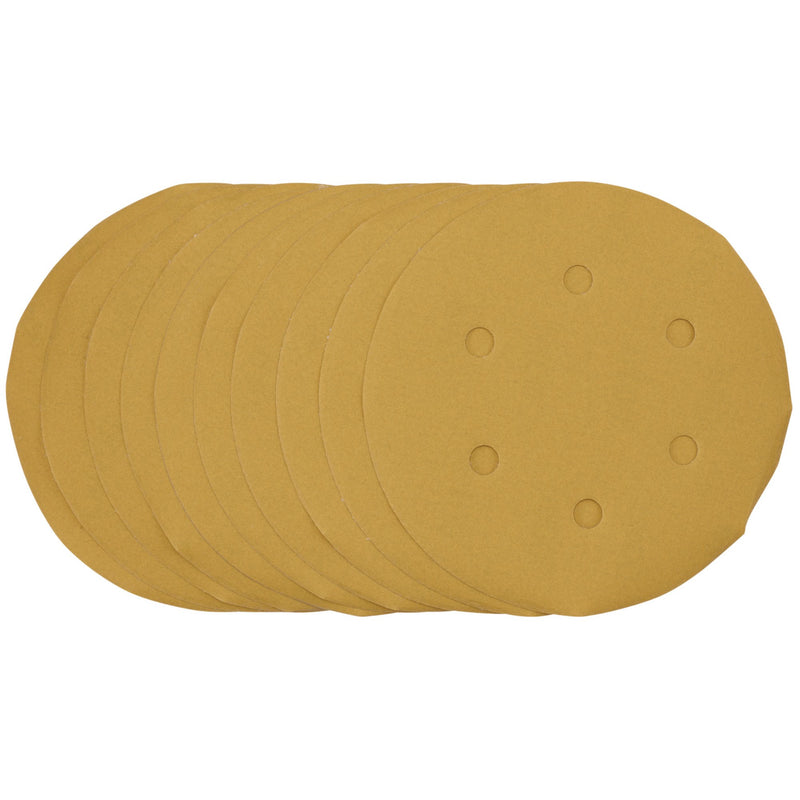 DR-64282 — Gold Sanding Discs with Hook & Loop, 150mm, 400 Grit, 6 Dust Extraction Holes (Pack of 10)