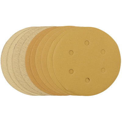 DR-64284 — Gold Sanding Discs with Hook & Loop, 150mm, Assorted Grit - 120G, 180G, 240G, 320G, 400G, 6 Dust Extraction Holes (Pack of 10)