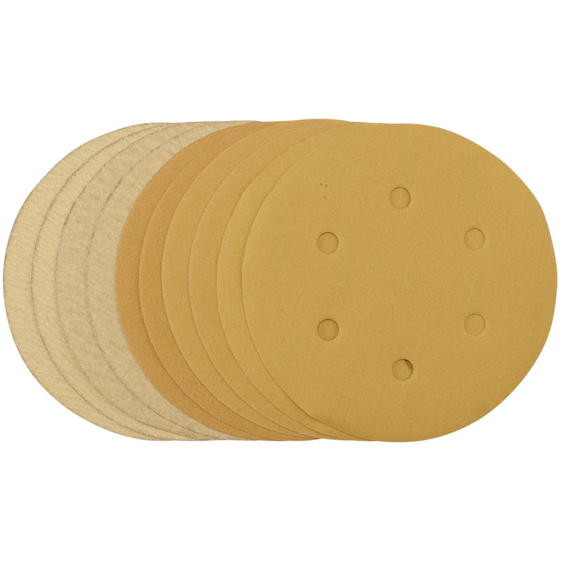 DR-64284 — Gold Sanding Discs with Hook & Loop, 150mm, Assorted Grit - 120G, 180G, 240G, 320G, 400G, 6 Dust Extraction Holes (Pack of 10)
