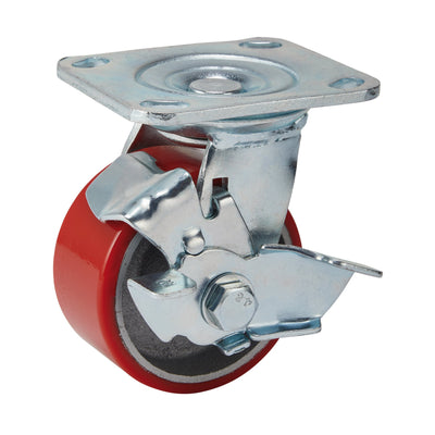 DR-65524 — Swivel Plate Fixing Heavy Duty Polyurethane Wheel with Brake, 100mm Diameter, S.W.L. 250kg