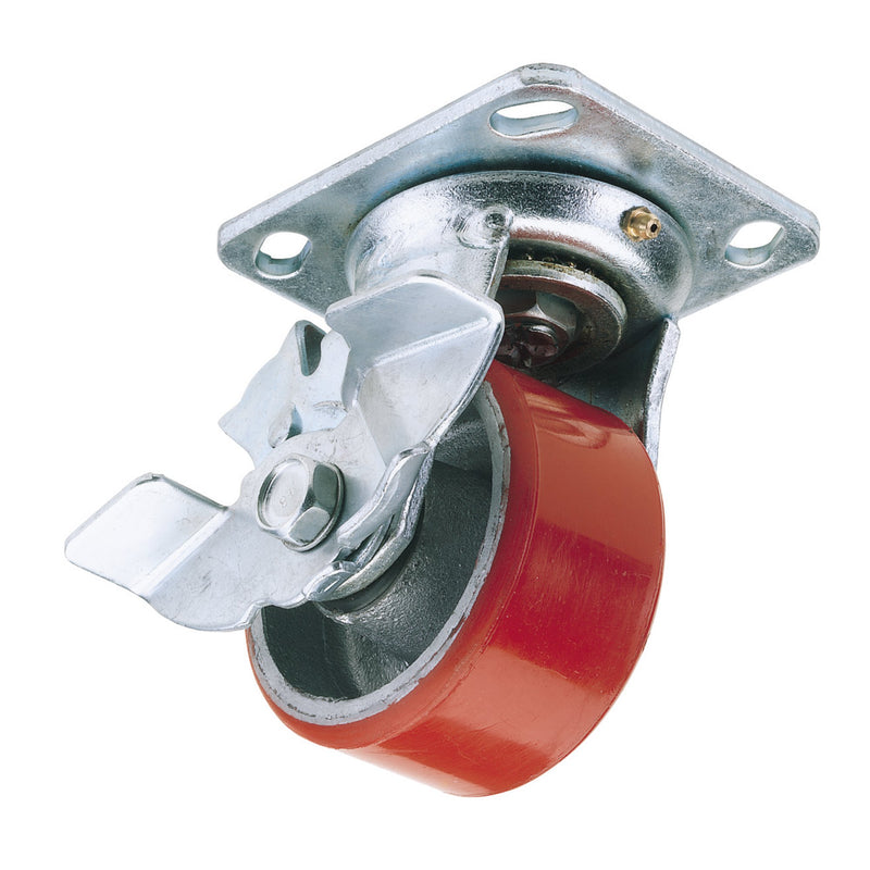 DR-65527 — Swivel Plate Fixing Heavy Duty Polyurethane Wheel with Brake, 125mm Diameter, S.W.L. 300kg