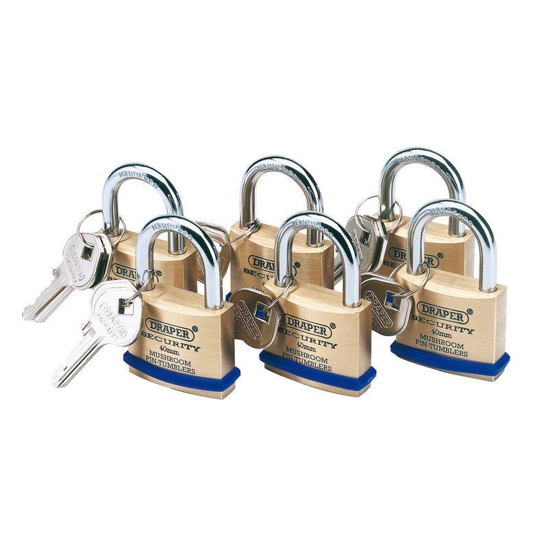 DR-67659 — Solid Brass Padlocks with Hardened Steel Shackle, 40mm (Pack of 6)