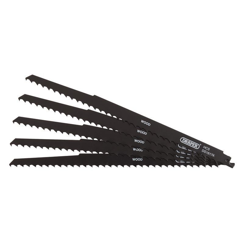 Draper DS1617K Reciprocating Saw Blades for Pruning & Coarse Wood & Plastic Cutting, 300mm, 3tpi (Pack of 5) - (42615) - DR-42615 - Draper - Trade Counter Direct