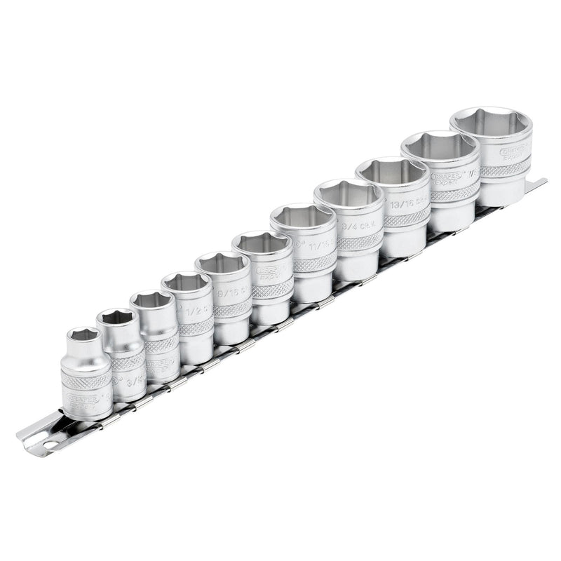 Draper Expert Imperial Socket Set on a Metal Rail, 3/8" Sq. Dr. (11 Piece) - DR-16493 - Draper - Trade Counter Direct