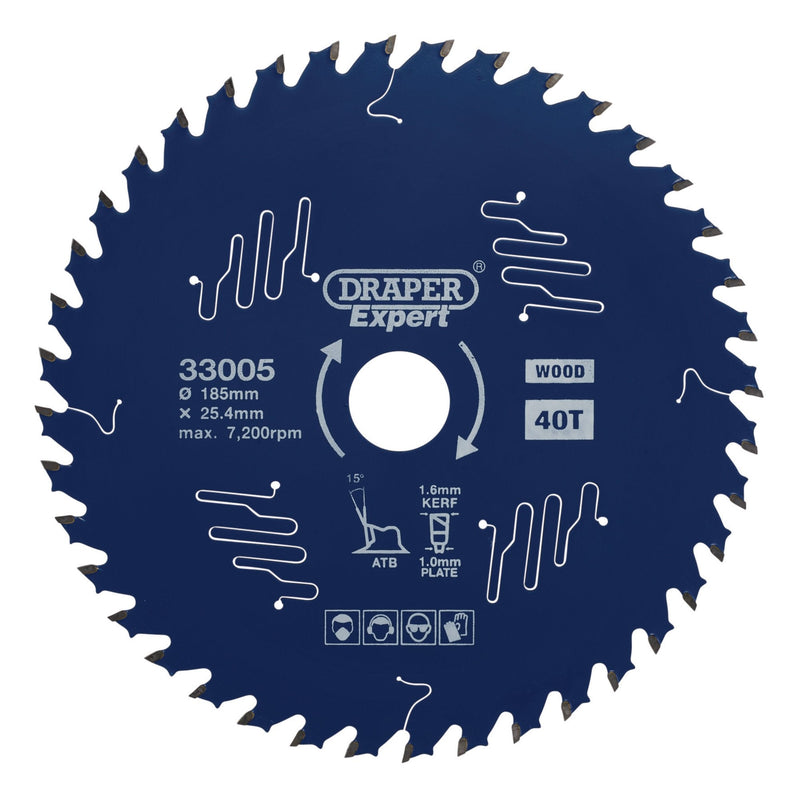 Draper Expert TCT Circular Saw Blade for Wood with PTFE Coating, 185 x 25.4mm, 40T - DR-33005 - Draper - Trade Counter Direct