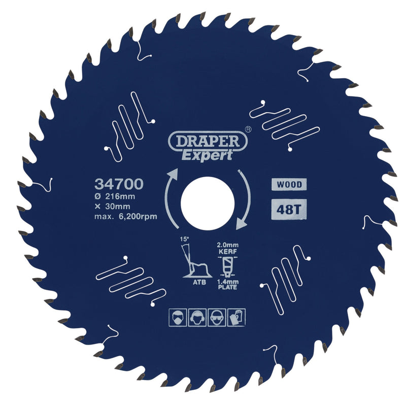 Draper Expert TCT Circular Saw Blade for Wood with PTFE Coating, 216 x 30mm, 48T - DR-34700 - Draper - Trade Counter Direct