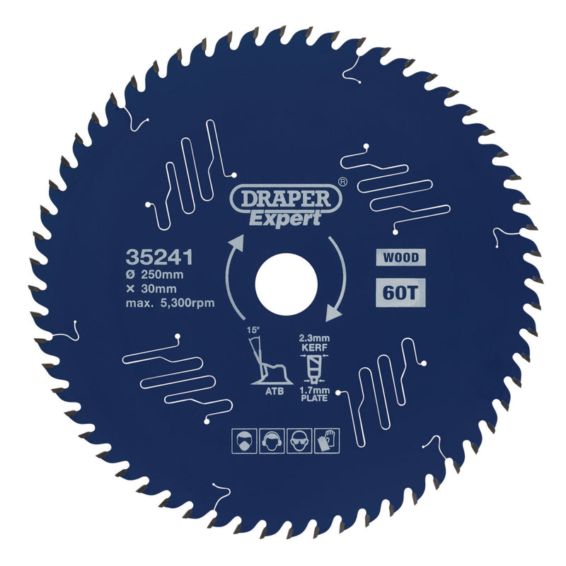 Draper Expert TCT Circular Saw Blade for Wood with PTFE Coating, 250 x 30mm, 60T - DR-35241 - Draper - Trade Counter Direct