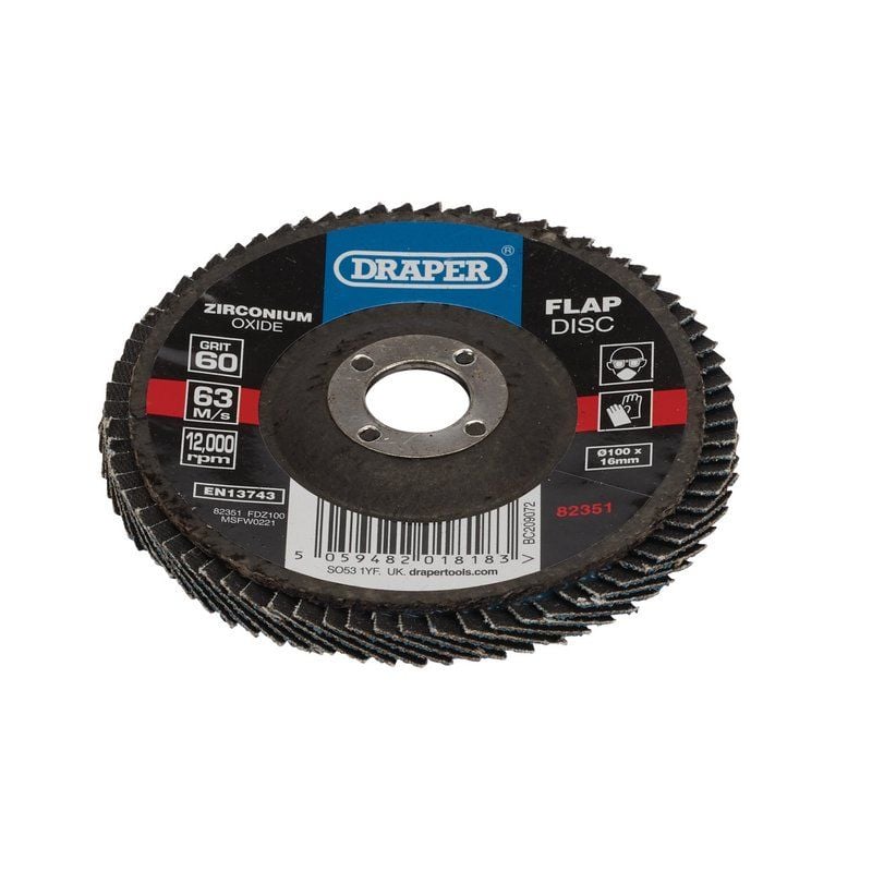 Draper FDZ100 Zirconium Oxide Flap Disc, 100 x 16mm, 60 Grit - (82351) - DR-82351 - Draper - Trade Counter Direct
