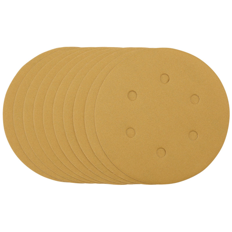 Draper Gold Sanding Discs with Hook & Loop, 150mm, 320 Grit, 6 Dust Extraction Holes (Pack of 10) - DR-64265 - Draper - Trade Counter Direct