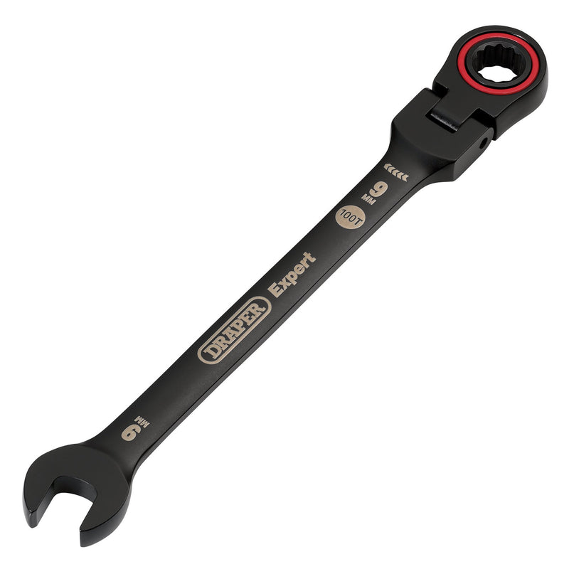 Draper Expert HI-TORQ® Metric Flexible Head Ratchet Combination Spanner, 9mm, Black