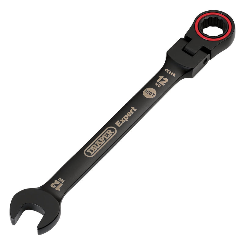 Draper Expert HI-TORQ® Metric Flexible Head Ratchet Combination Spanner, 12mm, Black