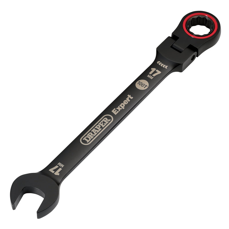 Draper Expert HI-TORQ® Metric Flexible Head Ratchet Combination Spanner, 17mm, Black