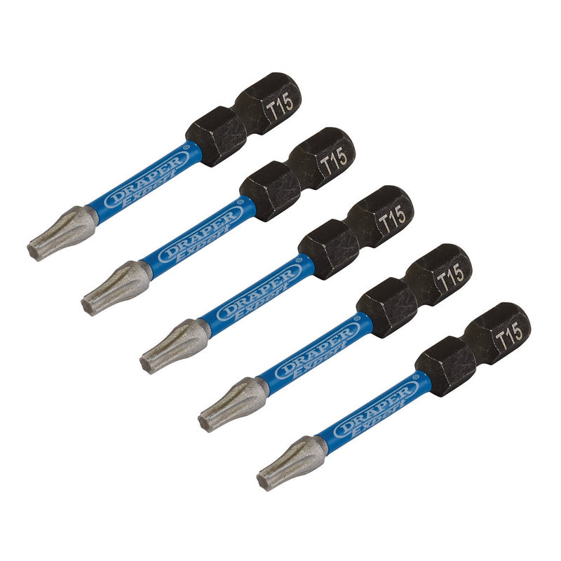 Draper Expert TX-STAR® Impact Screwdriver Bits, T15 x 50mm, 1/4" Hex (Pack of 5)