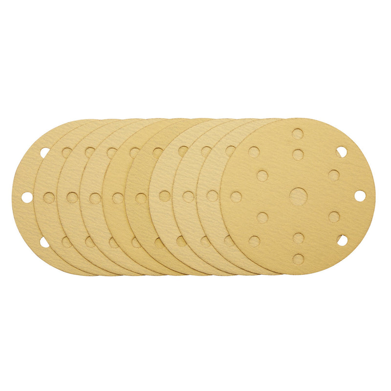 Gold Sanding Discs with Hook & Loop, 150mm, 120 Grit, 15 Dust Extraction Holes (Pack of 10)