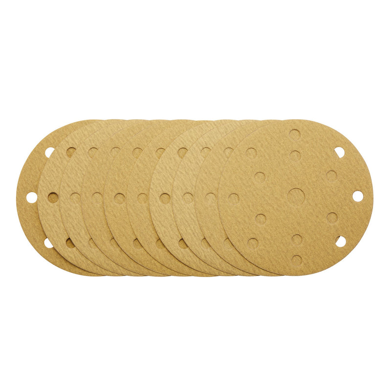Gold Sanding Discs with Hook & Loop, 150mm, 180 Grit, 15 Dust Extraction Holes (Pack of 10)