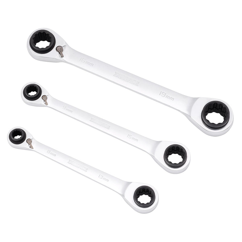 Metric 4-in-1 Reversible Double Ring End Ratchet Spanner Set (3 Piece)