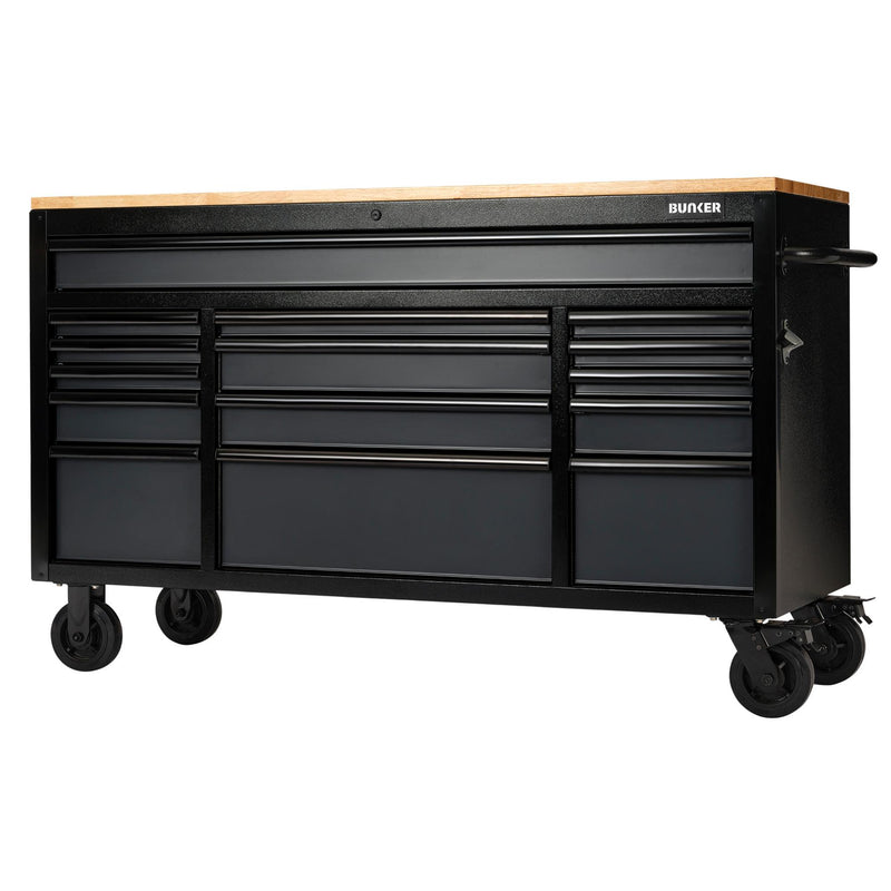 BUNKER 15 Drawer Workbench Roller Tool Cabinet, 61", Grey