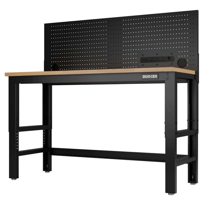 BUNKER Workbench with Hardwood Worktop and Power Pegboard, 1550mm