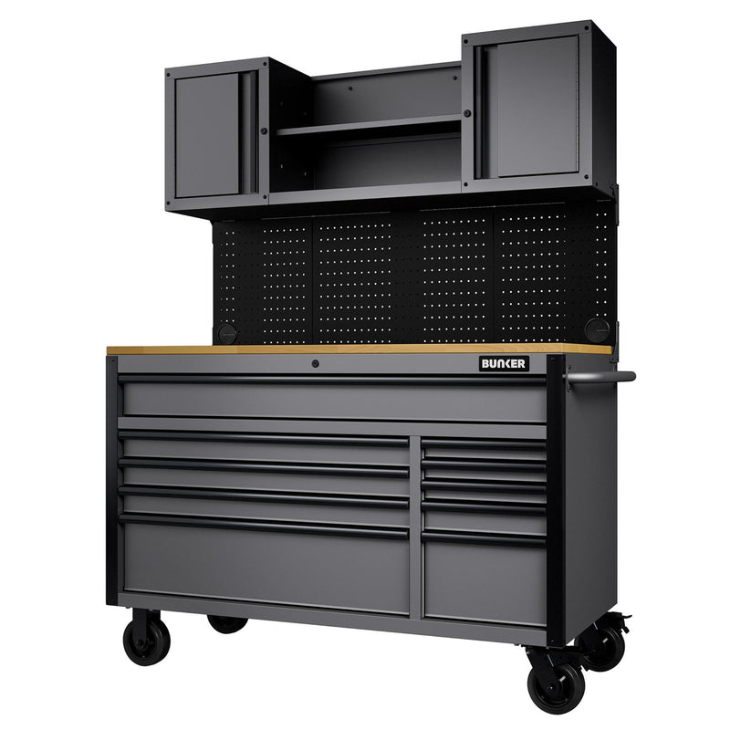 BUNKER 10 Drawer Roller Workstation with Workbench, 56", Light Grey