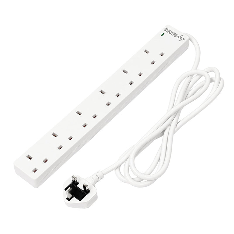 6 Way White Extension Lead, 2m