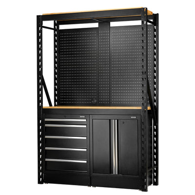 BUNKER 15 Piece Modular Storage Combo 2 Tier Racking with Hardwood Shelving, Pegboards and Floor Cabinets, 1500mm
