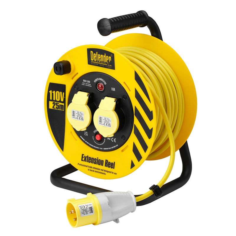 Defender E86450 110V 2-Way Industrial Cable Reel, 1.5mm², 16A, 25m