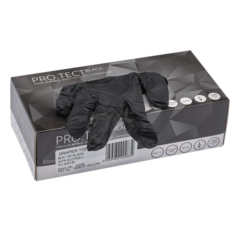 Draper NGBLK - 100L/UNI Nitrile Gloves, Large, Black (Pack of 100) - (31035) - DR-31035 - Draper - Trade Counter Direct