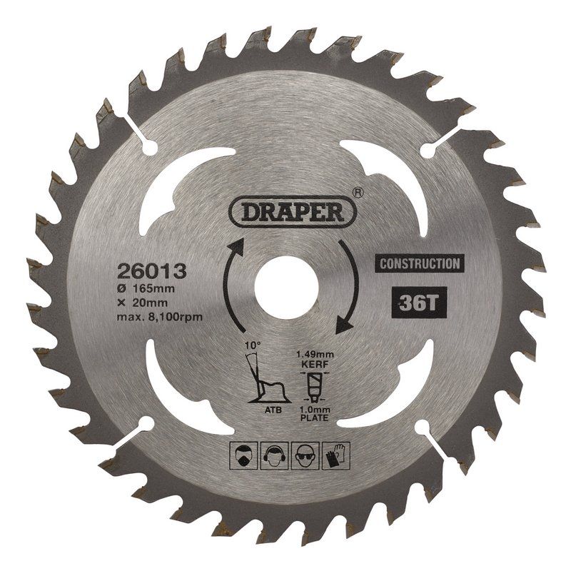 Draper SBC3 TCT Cordless Construction Circular Saw Blade for Wood & Composites, 165 x 20mm, 36T - (26013) - DR-26013 - Draper - Trade Counter Direct