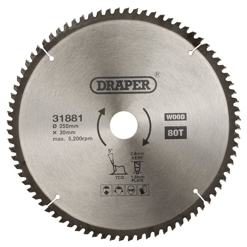 Draper SBTCG1 TCT Triple Chip Grind Circular Saw Blade, 255 x 30mm, 80T - (31881) - DR-31881 - Draper - Trade Counter Direct