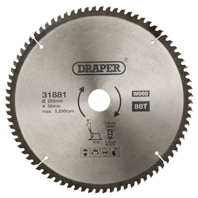 Draper SBTCG1 TCT Triple Chip Grind Circular Saw Blade, 255 x 30mm, 80T - (31881) - DR-31881 - Draper - Trade Counter Direct
