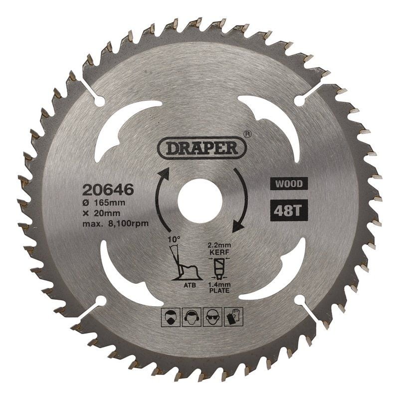 Draper SBW2 TCT Circular Saw Blade for Wood, 165 x 20mm, 48T - DR-20646 - Draper - Trade Counter Direct