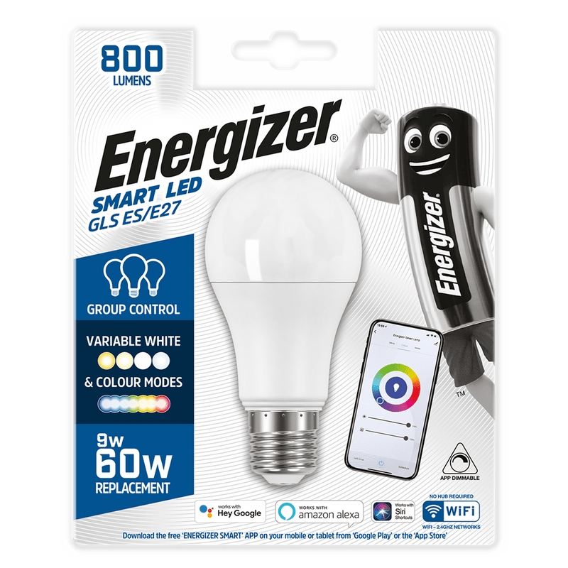 Energizer 9W - 60W SMART LED GLS ES/E27 Bulb (Alexa/Hey Google/Siri Compatible) - S17162 - Energizer - Trade Counter Direct