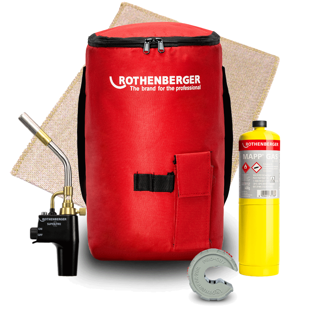 ROTHENBERGER Hot Bag Kit with SUPERFIRE Torch, 1 MAPP® Gas, 1 Pipe Cutter 15mm and 1 Soldering Mat