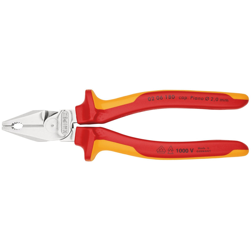 KNIPEX 02 06 180 SB VDE High Leverage Combination Pliers Insulated with Multi-Component Grips, 180mm - DR-49168 - KNIPEX - Trade Counter Direct