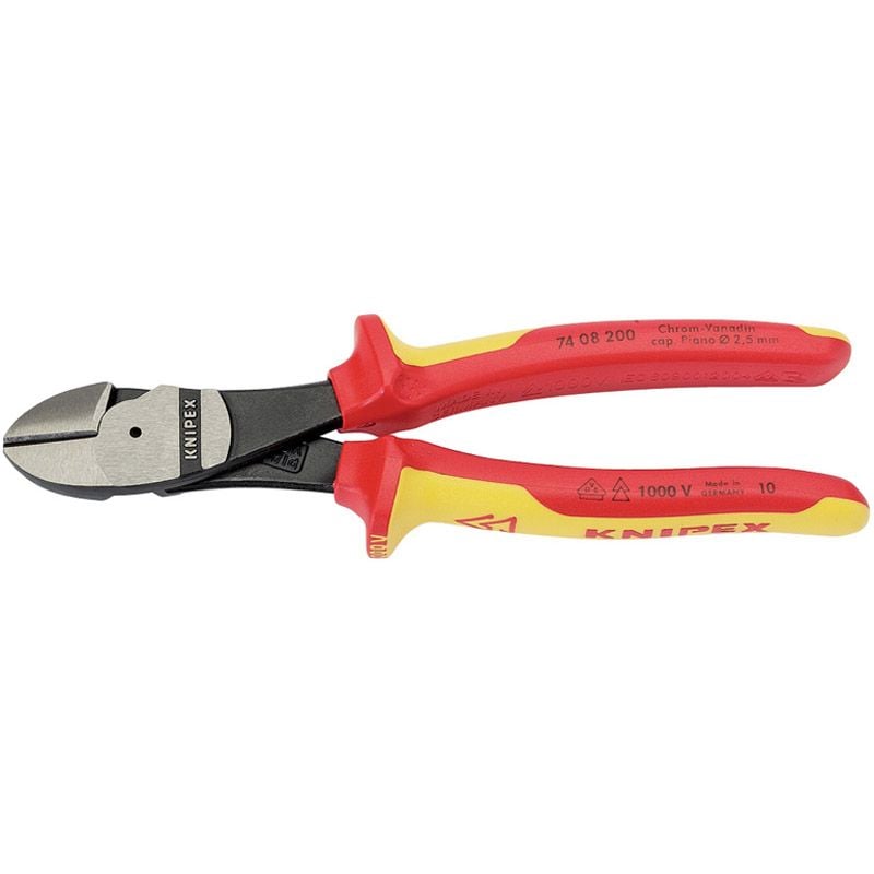 Knipex 74 08 200 UKSBE 74 08 200UKSBE VDE Fully Insulated High Leverage Diagonal Side Cutters, 200mm - (31929) - DR-31929 - Draper - Trade Counter Direct