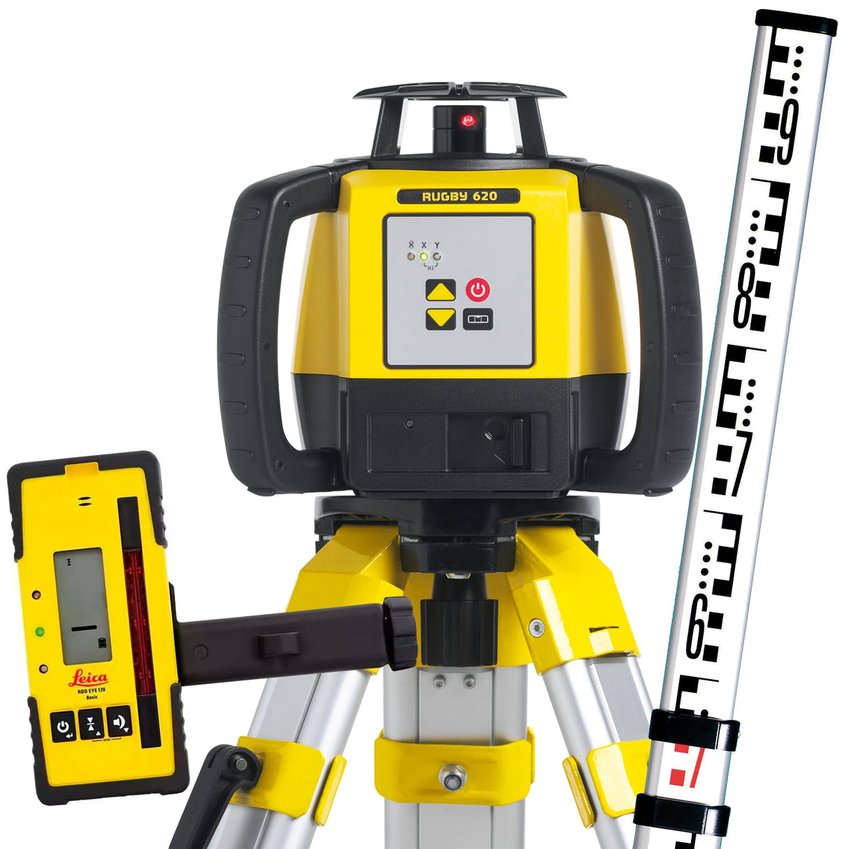 Leica Rugby 620 Rotary Laser Kit with Alkaline Tray & RE120 – 600m Range, Manual Grade, IP67, Tripod and Staff Included - 6011152KIT - Leica - Trade Counter Direct
