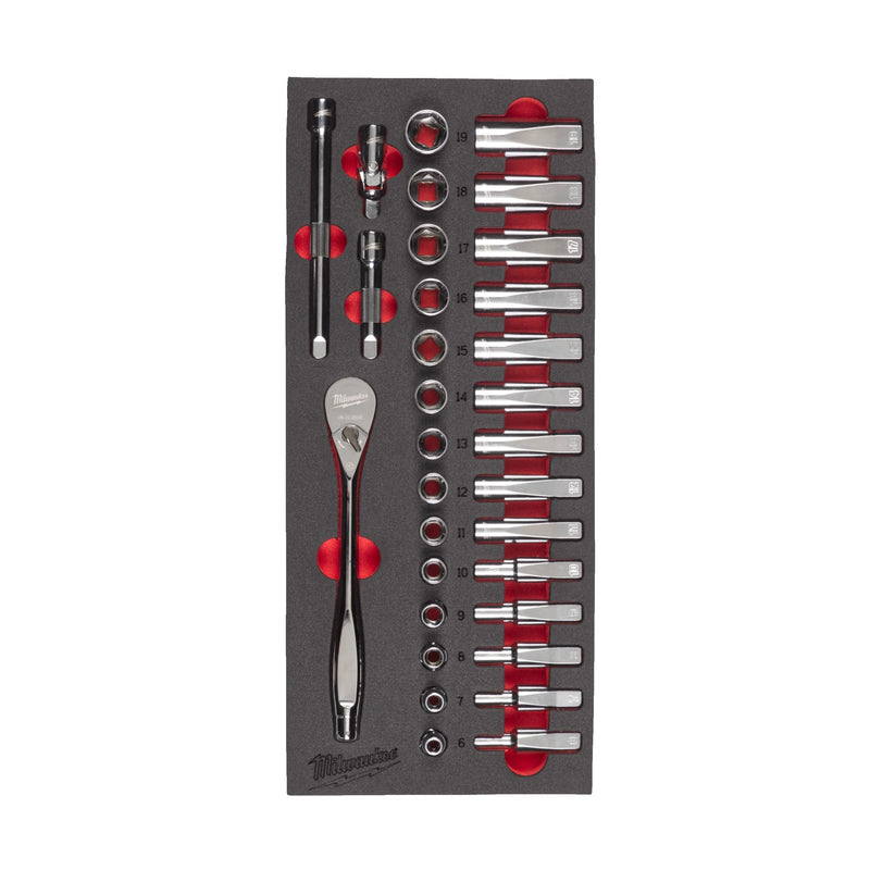 Milwaukee 4932479825 3/8In Ratchet And Socket Set Foam 32 Pc - 4932479825 - Milwaukee Tools UK - Trade Counter Direct