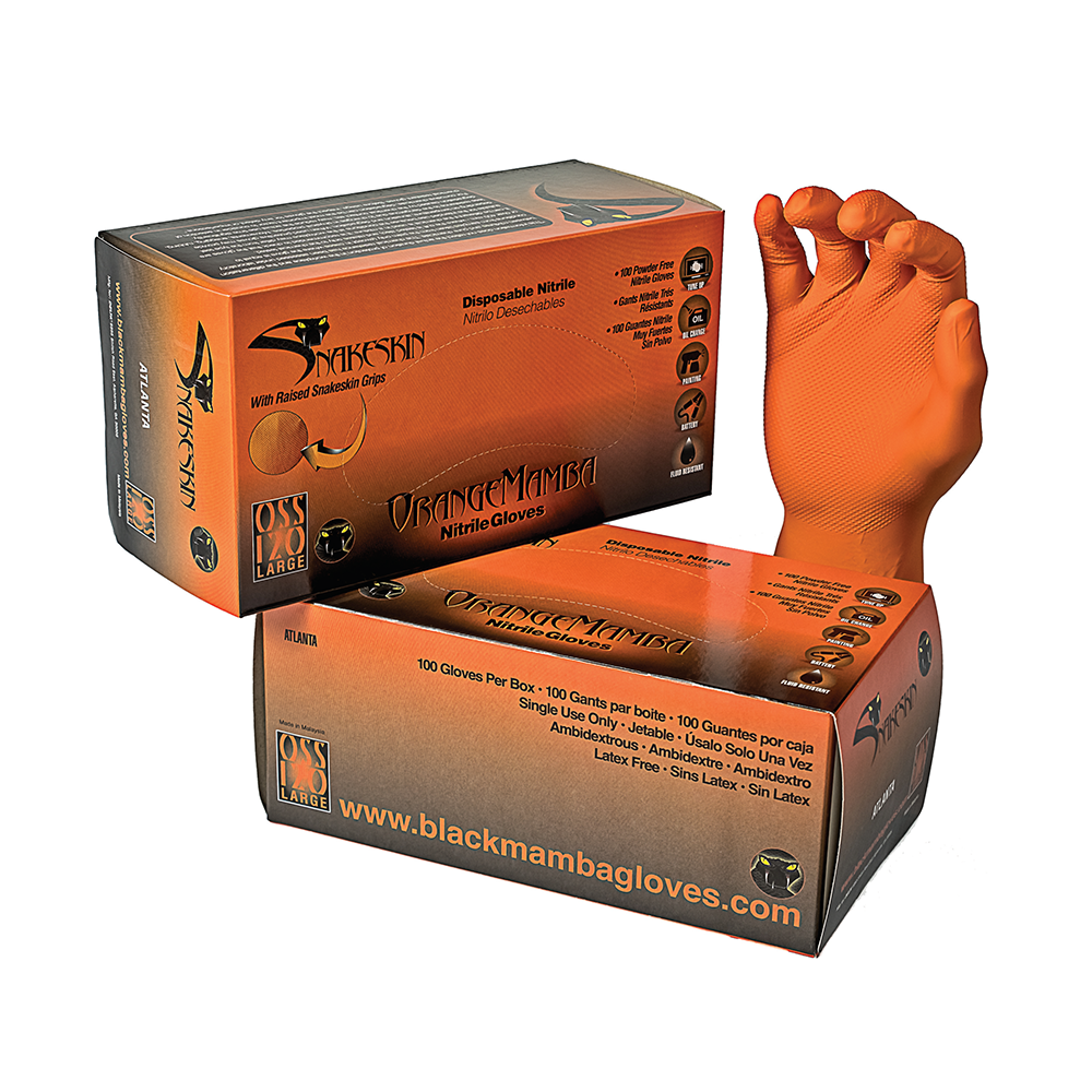 Orange Mamba Snakeskin Industrial Strength Powder Free Nitrile Gloves with Raised Grip - Box of 50