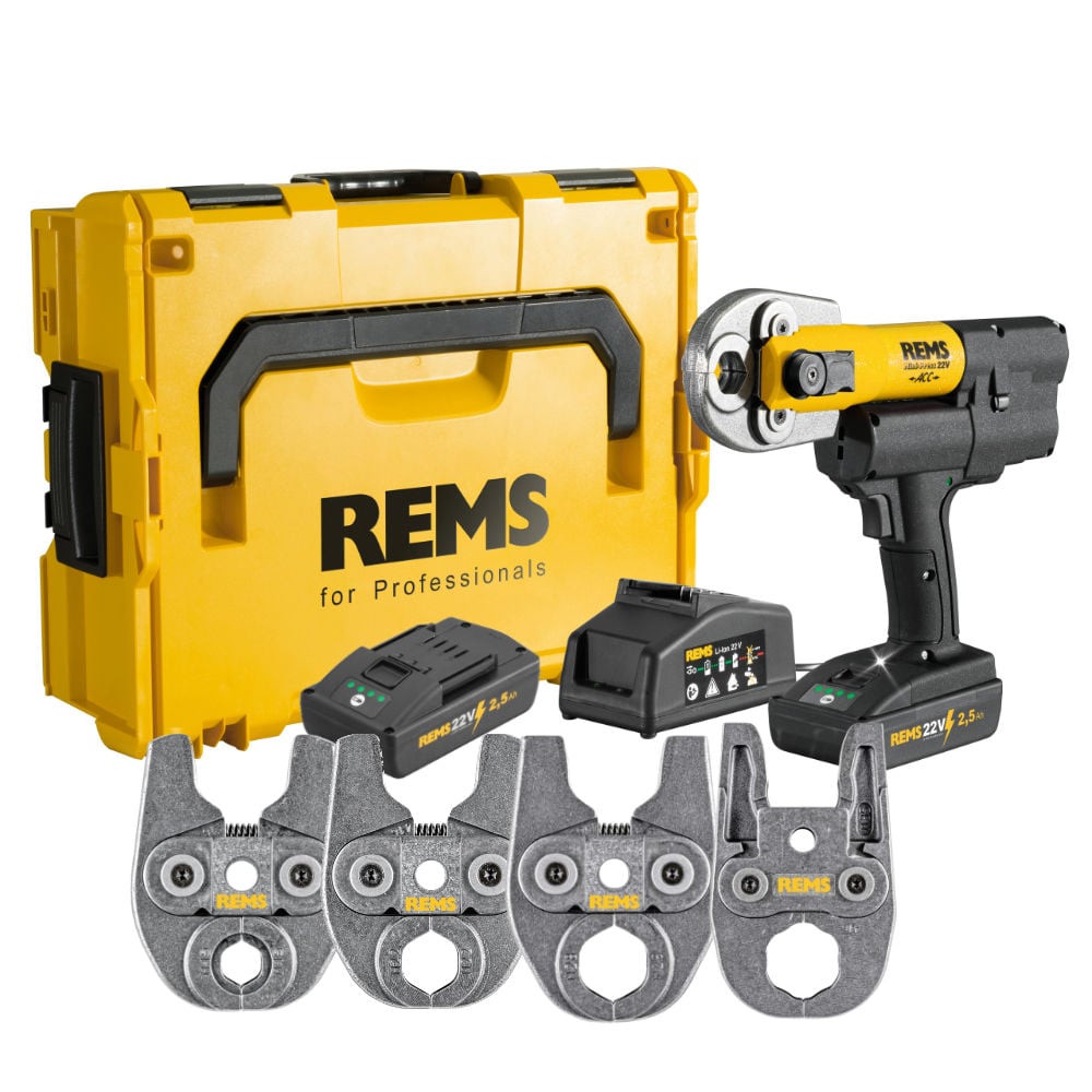 REMS 578X14 Mini - Press 22V Basic Pack with M15, M22, M28, M35 Jaws & 2x 2.5Ah Batteries - 578X14 - REMS Tools - Trade Counter Direct