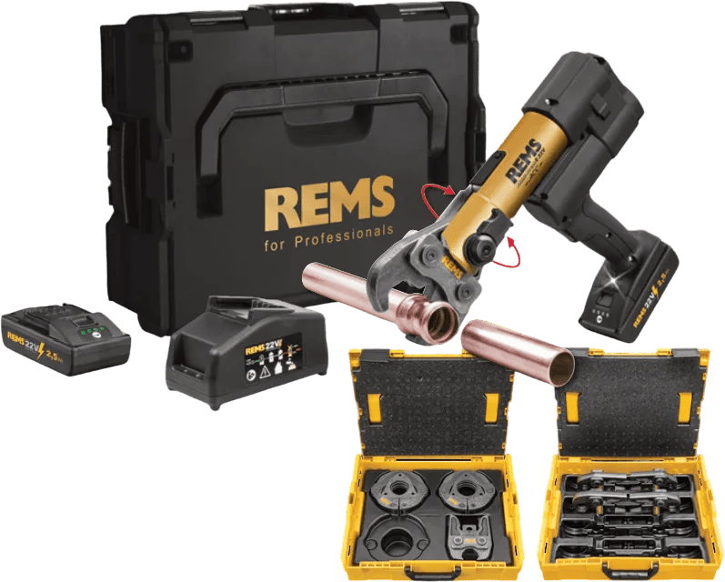 REMS Akku - Press E 22V ACC Gold 2026 Complete Press Tool Bundle (Tongs M15–35, Rings M42–54, 2x Batteries, L - Boxx, Hoodie) - 576X21 - REMS Tools - Trade Counter Direct