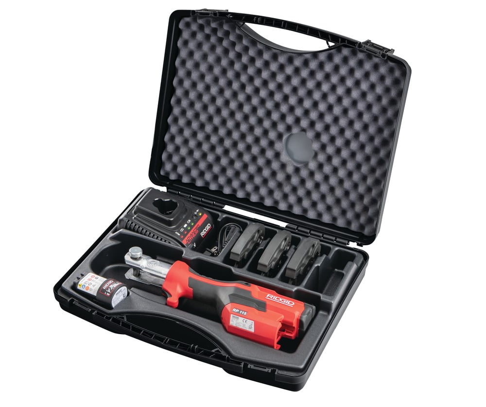 Ridgid RP 115 Micro - Press Tool Kit with M15 - 18 - 22 Jaws, 12V Battery & 230V Fast Charger - 76948 - Ridgid Tools - Trade Counter Direct