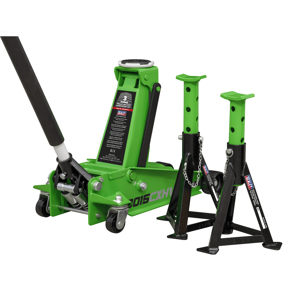 Sealey 3015CXHV Trolley Jack 3tonne with Super Rocket Lift & Axle Stands (Pair) 3tonne Capacity per Stand - Hi - Vis - 3015CXHV - Sealey Tools UK - Trade Counter Direct