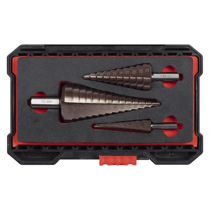 Sealey AK4733 Premier Straight Flute HSS Cobalt Step Drill Bit Set 3pc - AK4733 - Sealey Tools UK - Trade Counter Direct
