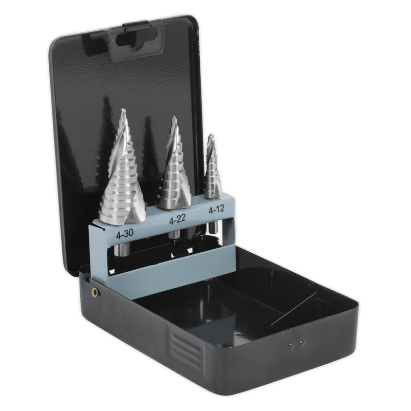 Sealey AK4749 HSS 4341 Step Drill Bit Set 3pc Spiral Flute - AK4749 - Sealey Tools UK - Trade Counter Direct