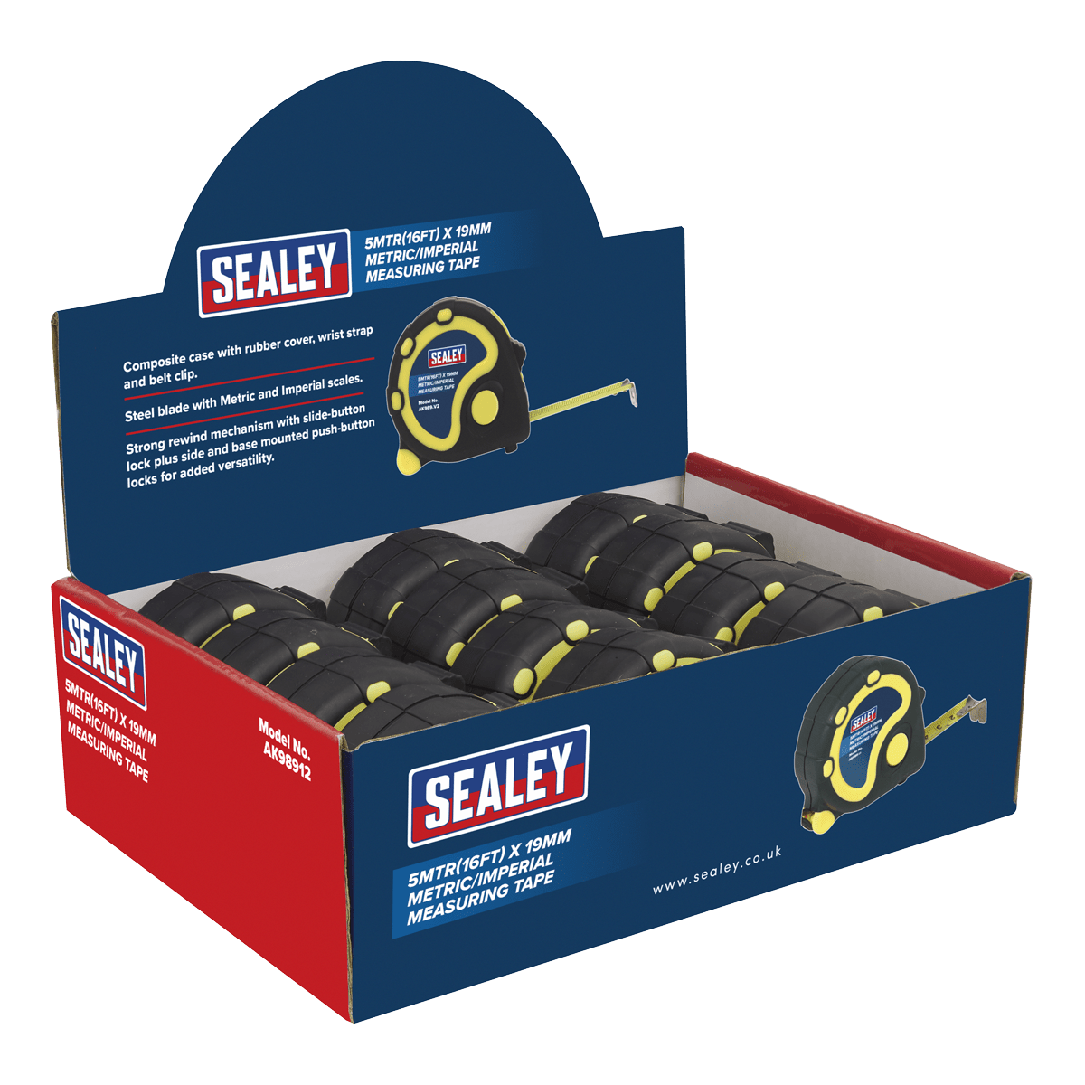 Sealey AK98912 Rubber Tape Measure 5m(16ft) x 19mm Metric/Imperial Display Box of 12 - AK98912 - Sealey Tools UK - Trade Counter Direct