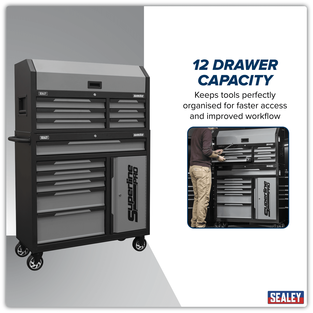 Sealey AP1080GR Superline Pro® Topchest & Rollcab Combination 12 Drawer & 1 Door Cupboard - Grey - AP1080GR - Sealey Tools UK - Trade Counter Direct