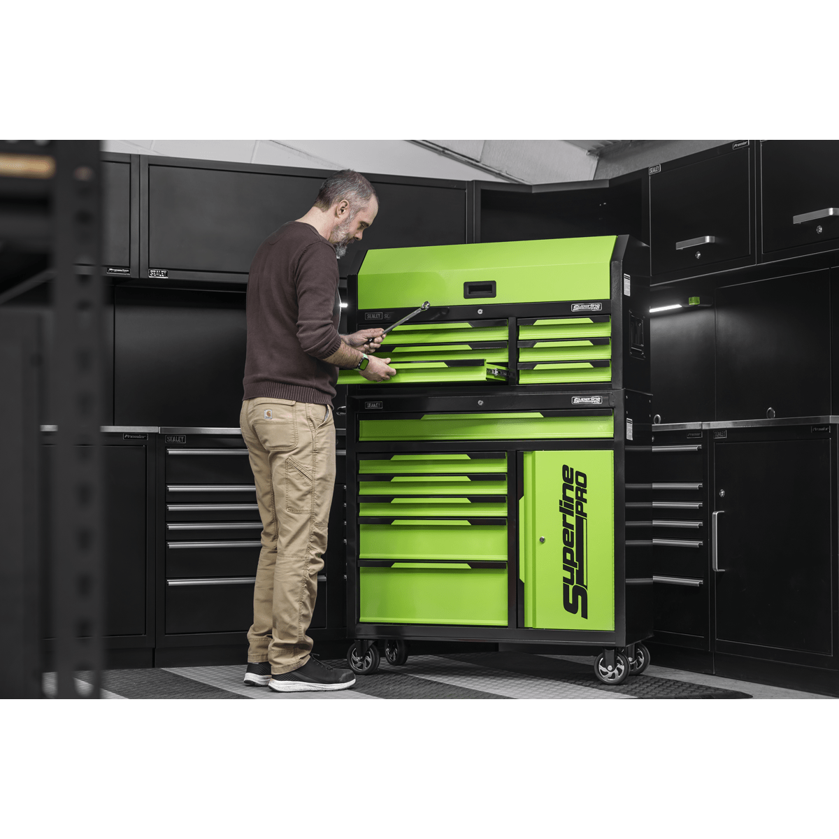 Sealey AP1080HVG Superline Pro® Topchest & Rollcab Combination 12 Drawer & 1 Door Cupboard - Green - AP1080HVG - Sealey Tools UK - Trade Counter Direct