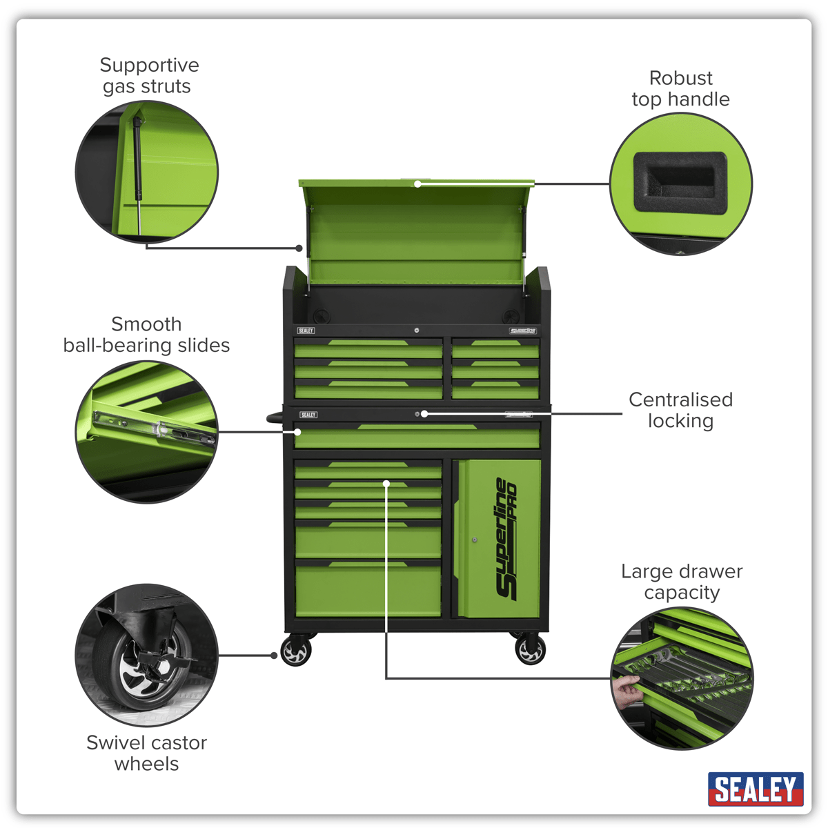Sealey AP1080HVG Superline Pro® Topchest & Rollcab Combination 12 Drawer & 1 Door Cupboard - Green - AP1080HVG - Sealey Tools UK - Trade Counter Direct