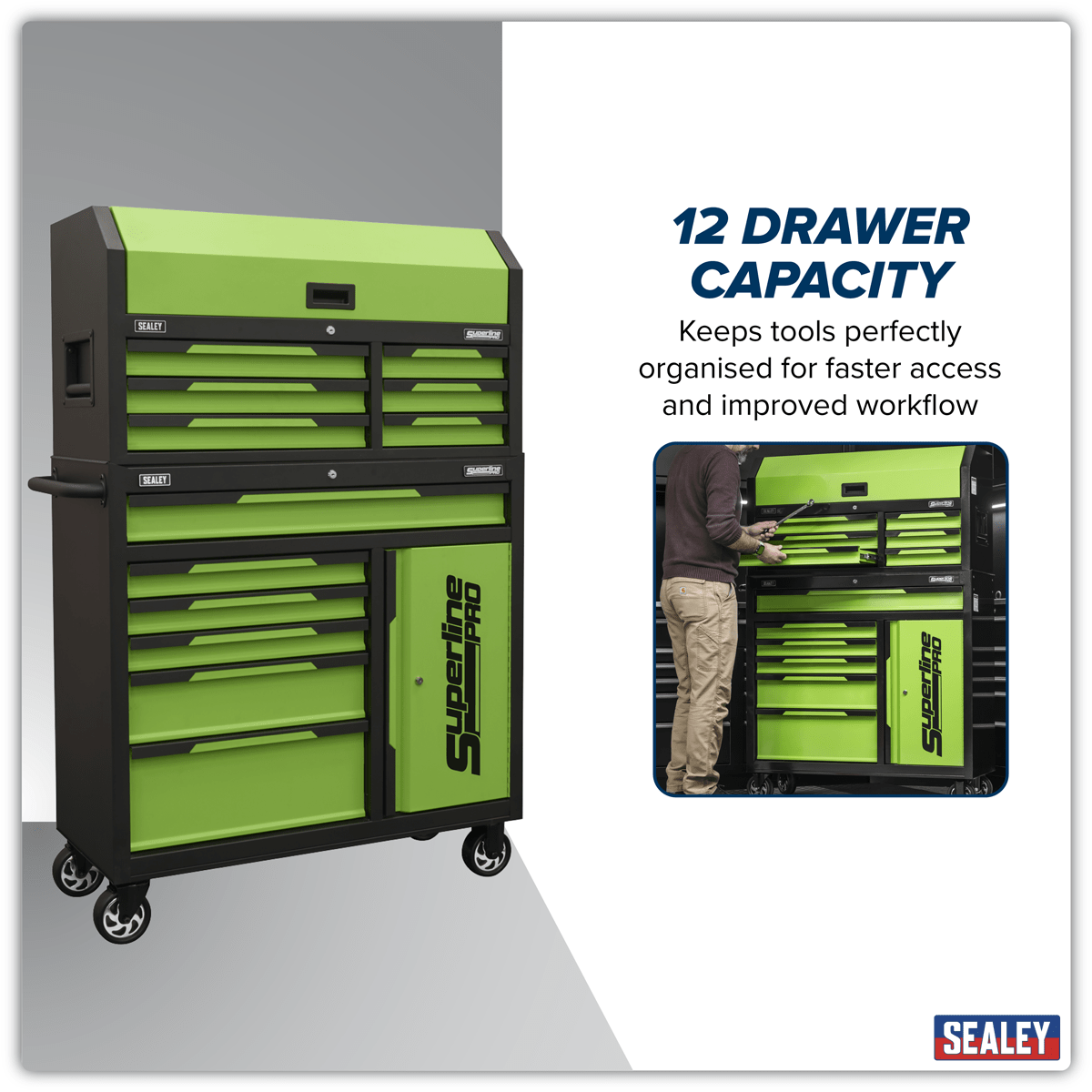 Sealey AP1080HVG Superline Pro® Topchest & Rollcab Combination 12 Drawer & 1 Door Cupboard - Green - AP1080HVG - Sealey Tools UK - Trade Counter Direct